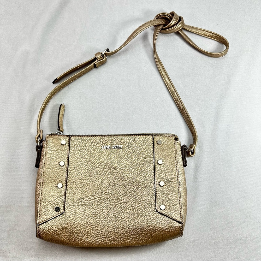 Nine West Gold Studded Crossbody Bag Purse Adjustable Classic Luxury